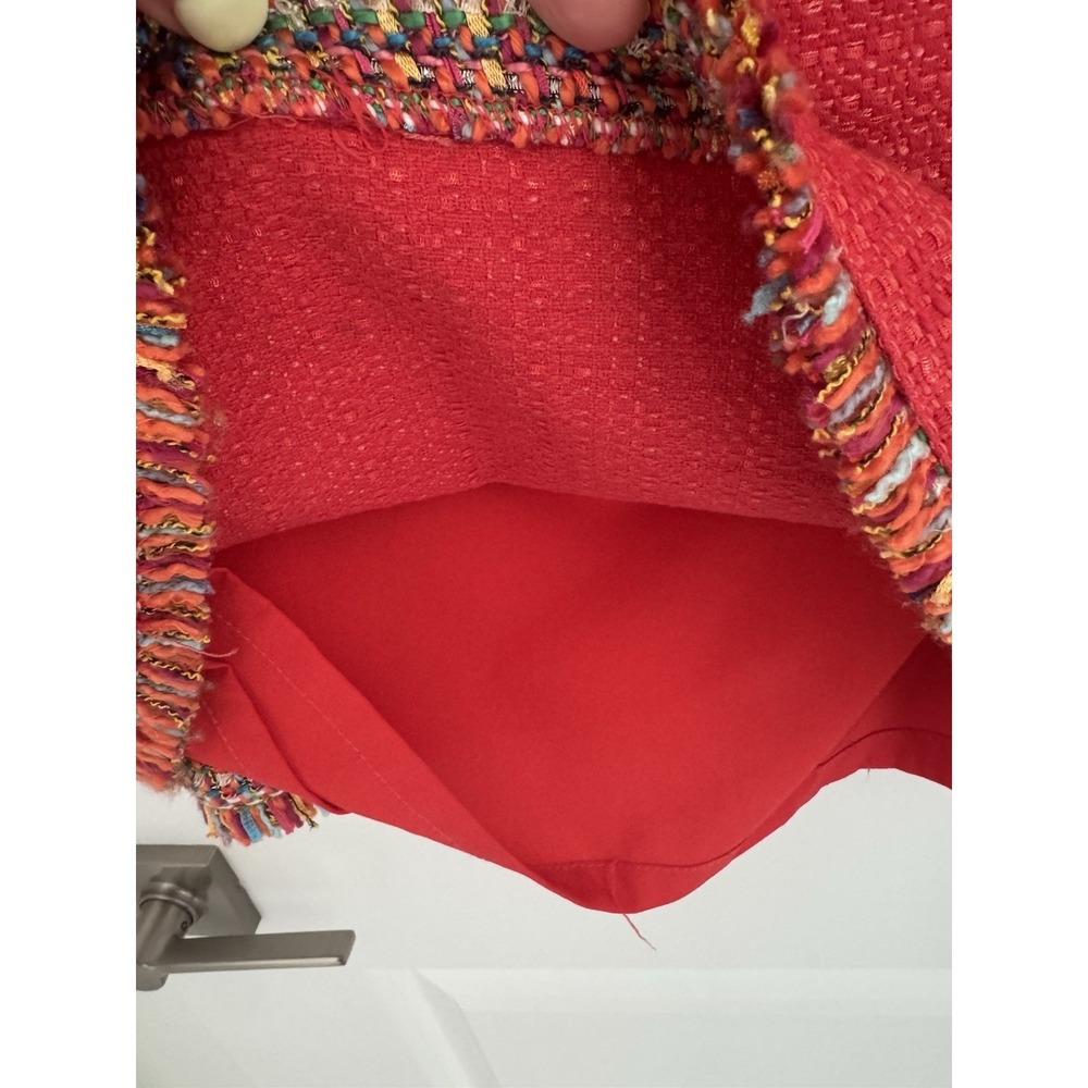 Talbots Tweed Sheath Dress Size 10 Coral Red Fringe Trim Sleeveless Lined Pocket - Picture 10 of 12